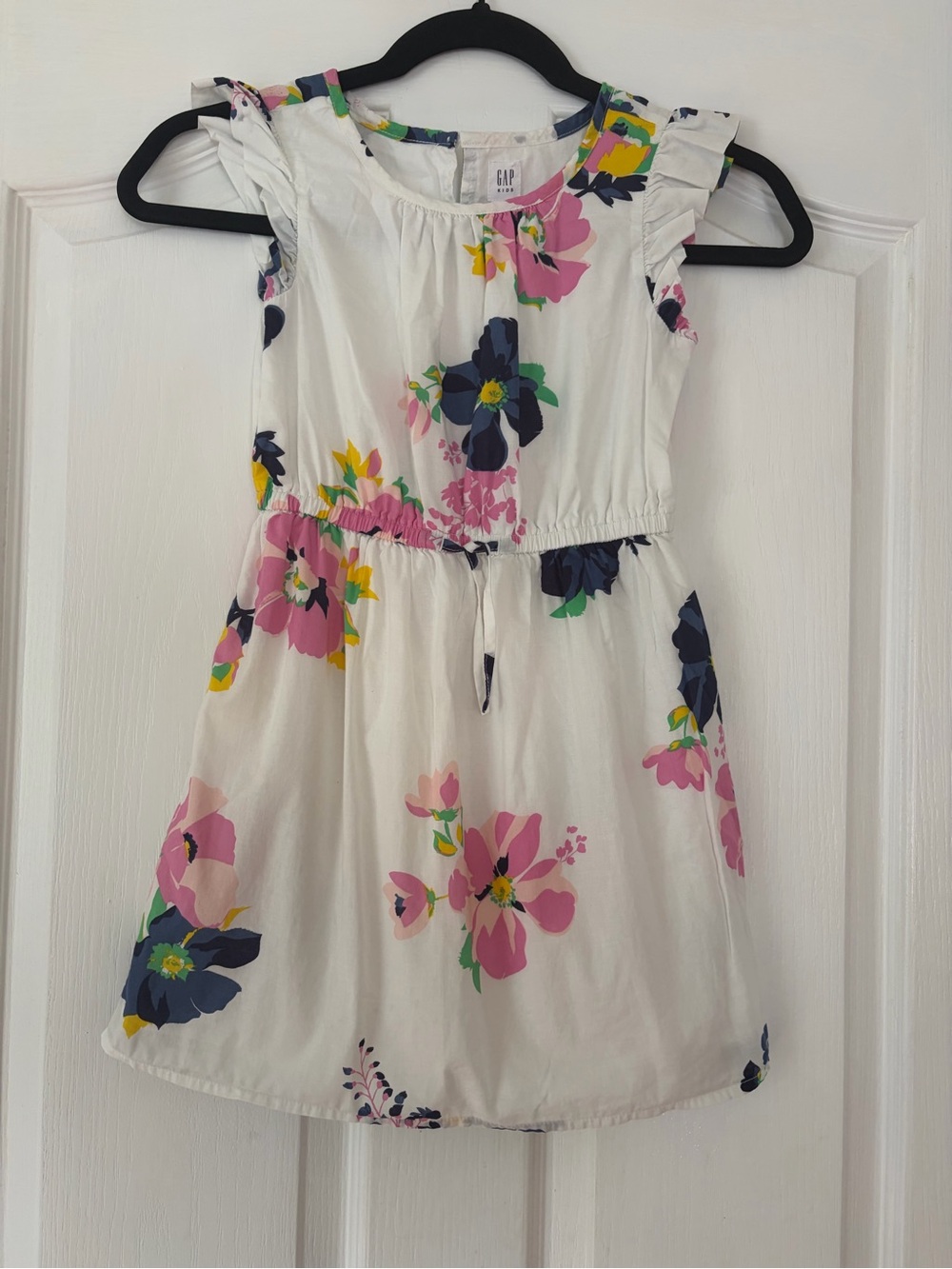 GAP Girls White Floral Tie-Waist Dress with Pink & Navy Blooms